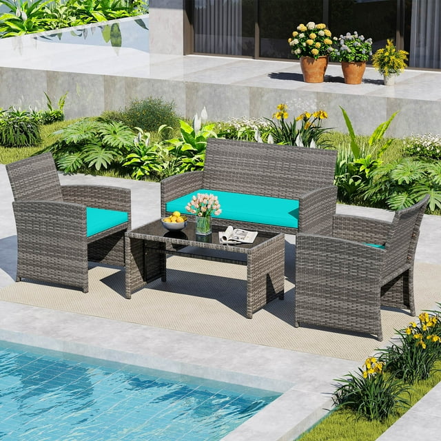 Costway 4 PCS Patio Conversation Set with Seat Cushions & Tempered Glass Tabletop, Outdoor Turquoise + Gray