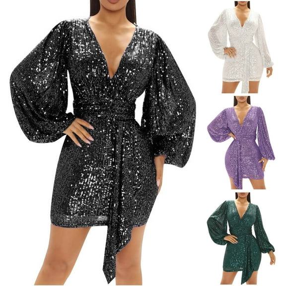 HAPIMO Women's Mini Bodycon Dress Solid Sequins Shiny Spring Lantern Sleeve V Neck Elegant Party Cocktail Wedding Trendy Black L