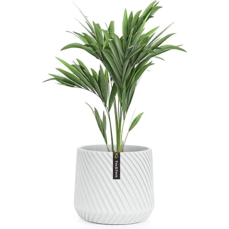 Fox & Fern 8 Inch Plant Pot With Drainage Plug - Premium Polystone White Plant Pot; Modern Planter With 3D Texture And Ceramic Finish; 8 Inch Pots For Plants Indoor & Outdoor; Lightweight