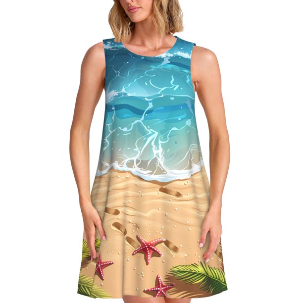 Fotbe Tropical Beach With Starfish Vestido de Verano sin Mangas para Mujer – Vestido Midi Línea A, Estilo Camiseta Floral, Vestido Playero Casual y Fluido