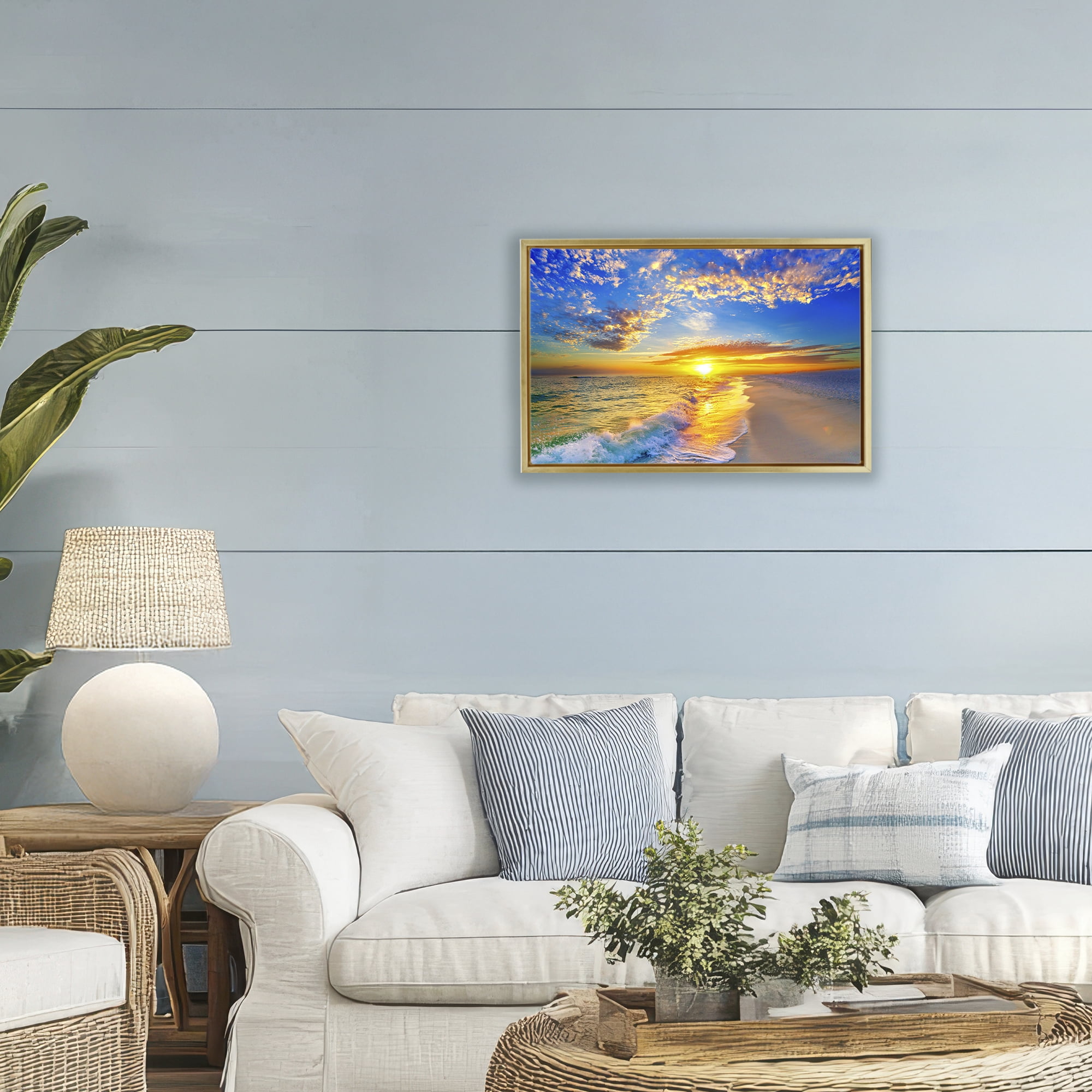 Stupell Industries Golden Sunset Beach Blue Sky Gold Framed Floater Canvas Wall Art, design by Eszra Tanner