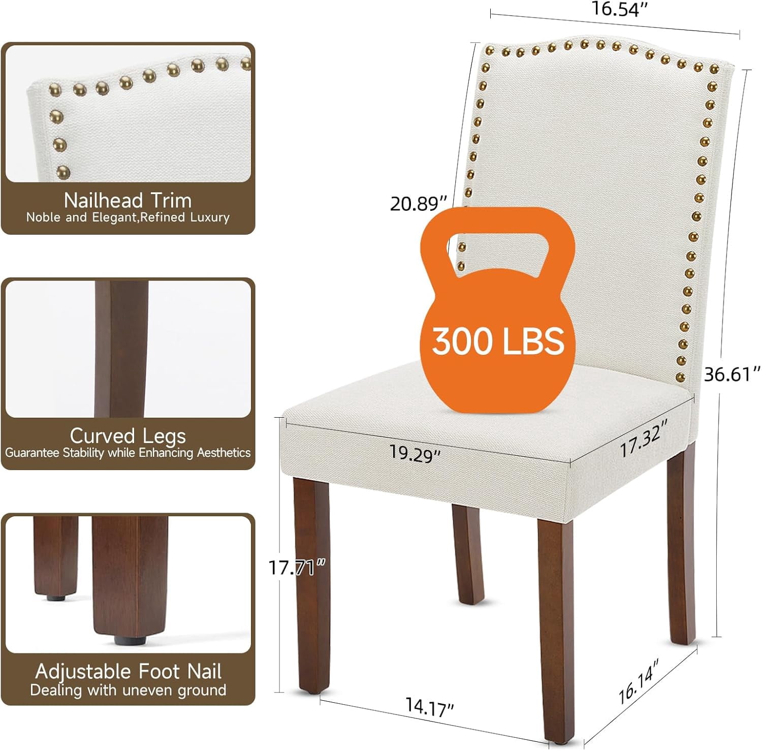 QUIOCOZY Upholstered Parsons Dining Chair, Faux Leather Dining Room Chair with Solid Wood Legs and Nailhead Trim, Side Chair for Hotel, Restaurant, and Meeting Room, Set of 2, Beige