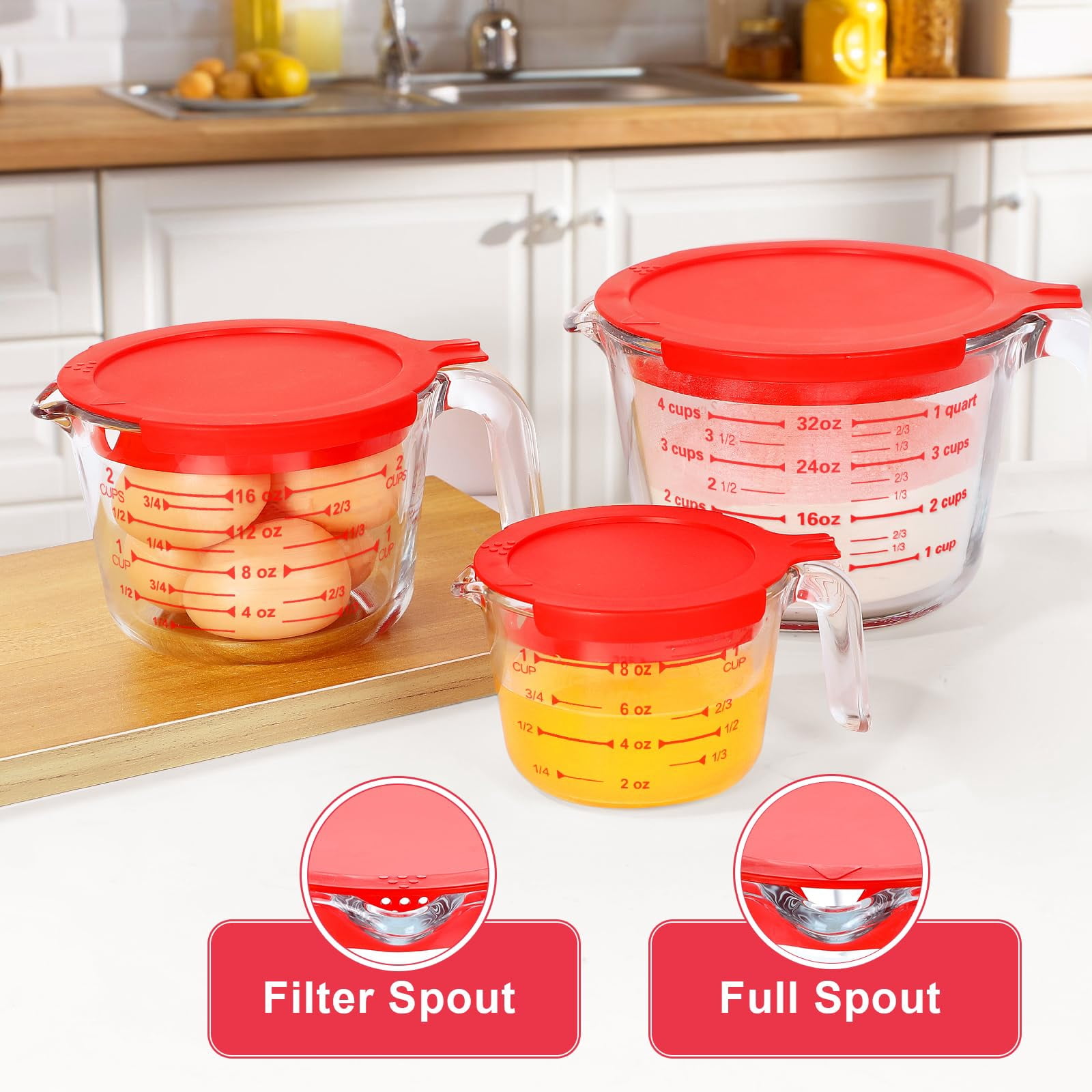 4 Piece Glass Measuring Cups Set  5 Oz 1-cup 2-cup 4-cup Liquid With Lids For Kitchen Freezer And Microwave Safe