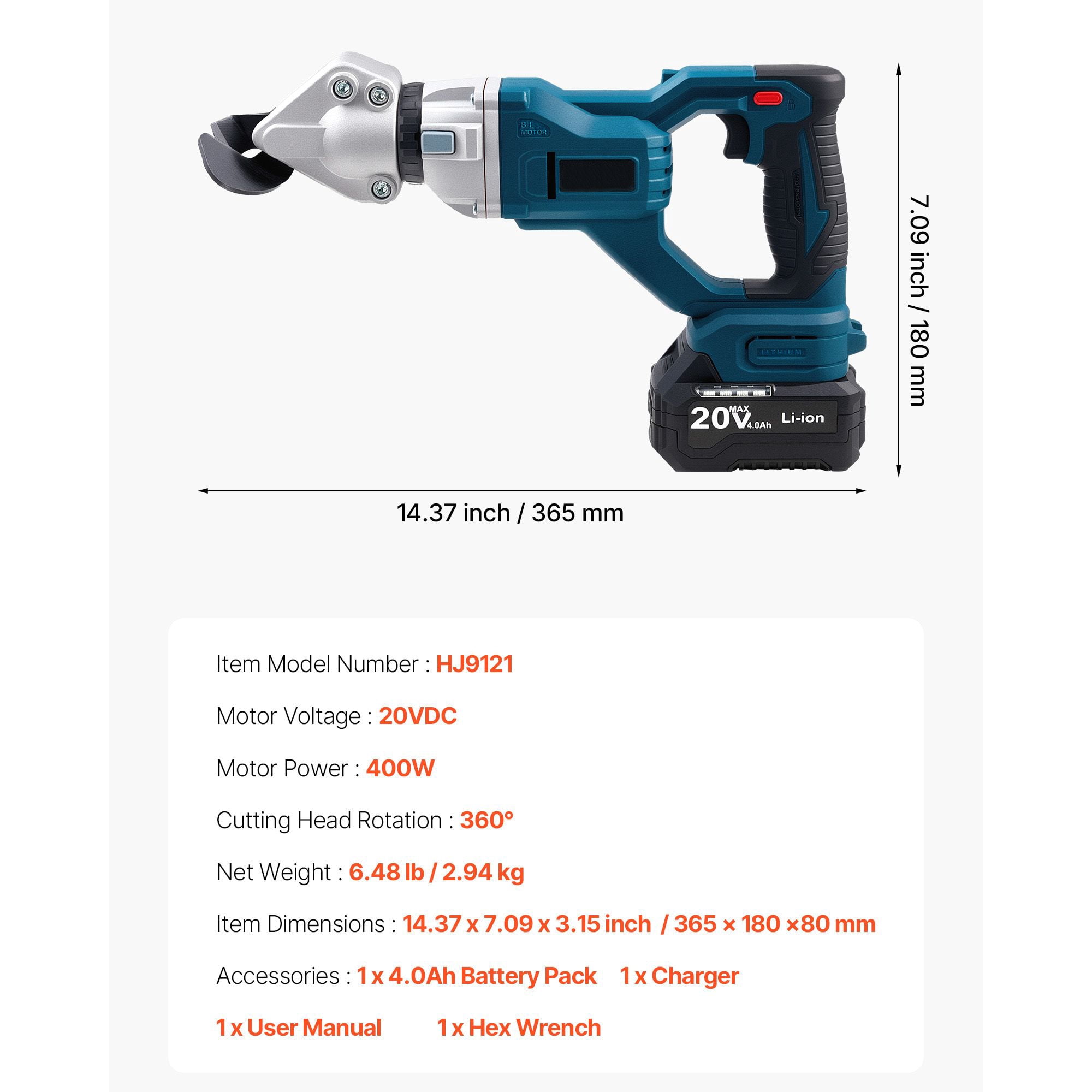 Cordless Metal Shear with 25,000 RPM, 400W Motor, 360° Rotating Head, Variable Speed, 4.0Ah Battery for Sheet Metal Cutting