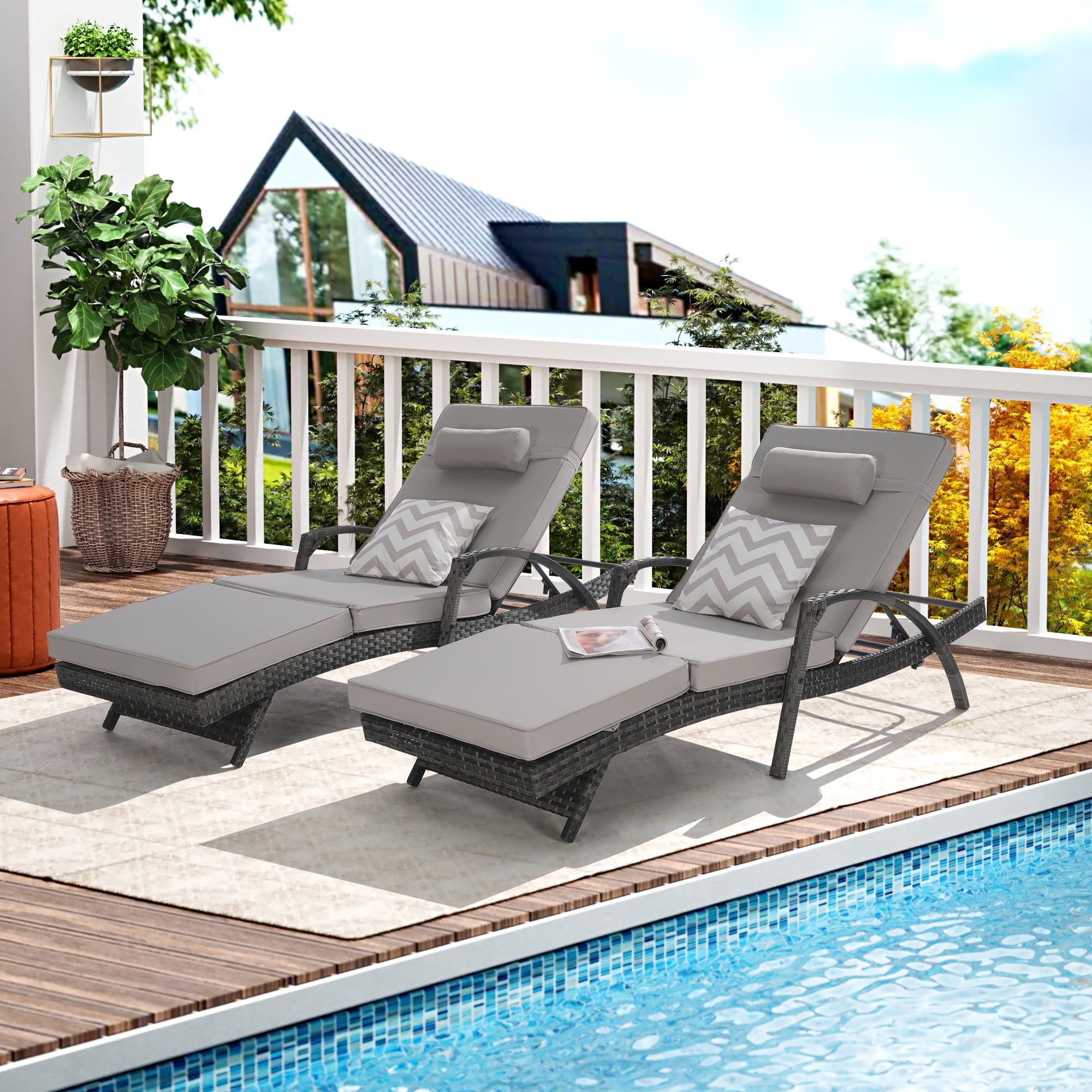 Outdoor Long Reclining Chair Set of 2,Wicker Lounge Chairs with Wicker Lounge Chairs with Cushions and Armrest,Reclining Lounge Chair Lawn Sunbathing Chairs Recliner Adjustable to 150°,Light Gray