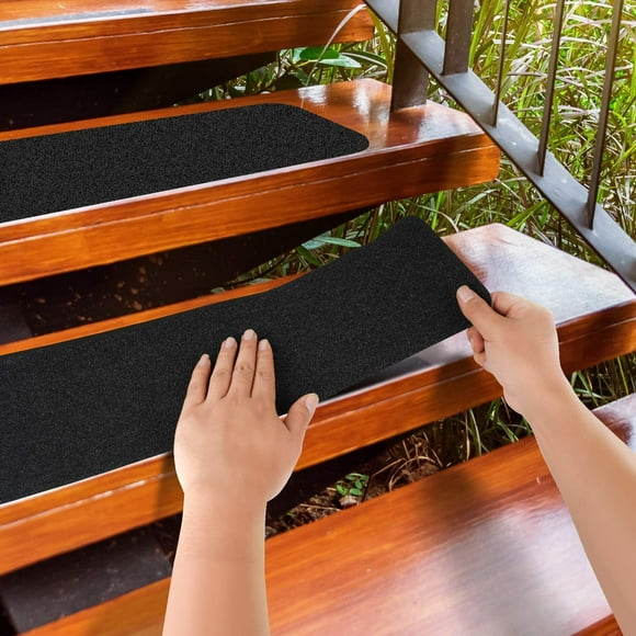 Jinsinto 15 Pack 4" x 24" Pre-Cut Stair Treads, Non-Slip Outdoor Peva Rubber Mat for Stairs, Skateboards, Decks (Black, with One Piece of Rollers)