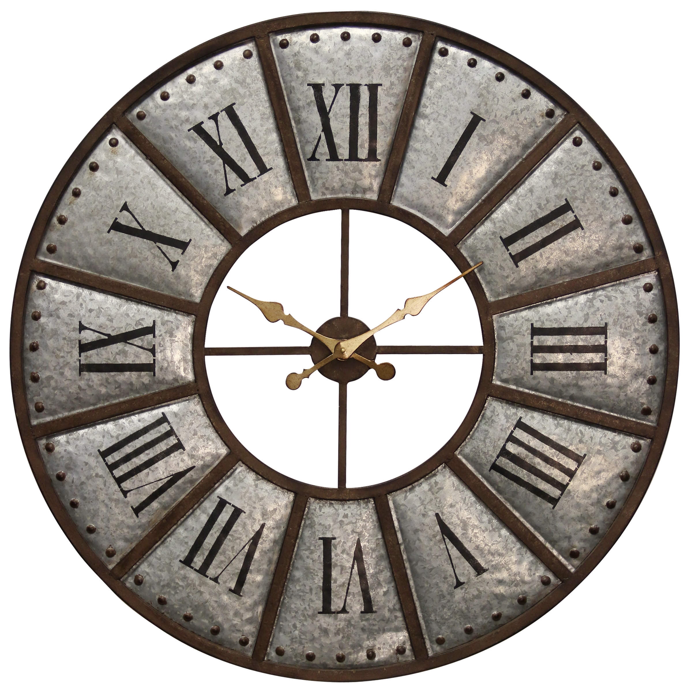 Galvanized Metal Wall Clock Bronze Metal Frame & Nail Head Trim