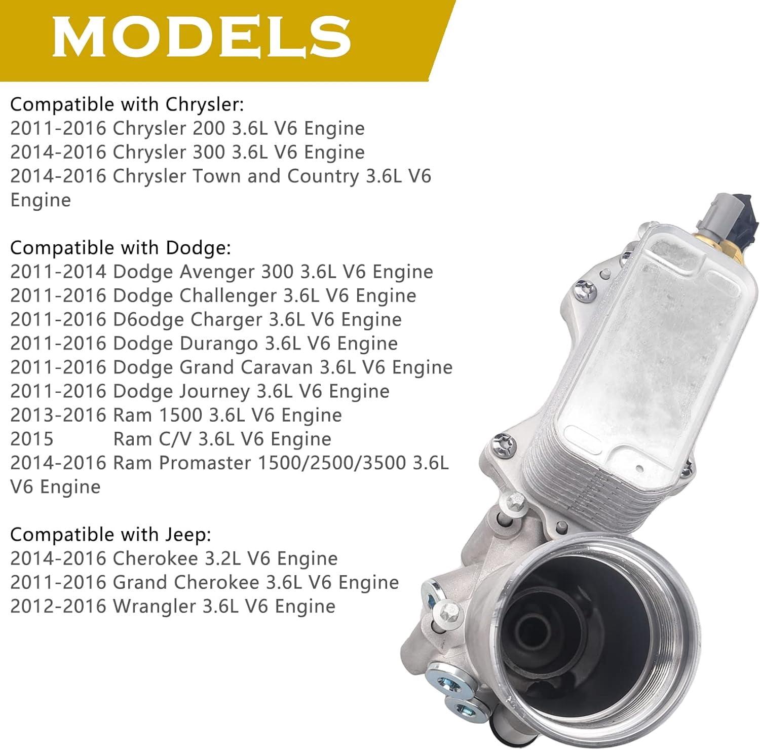 926-876 Engine Oil Cooler and Oil Filter Housing Compatible with 2011-2016 Chrysler 200 300, Dodge Charger Cherokee Wrangler Ram 1500 ProMaster 3.6L,Replace 68105583AF 5184304AE Aluminum