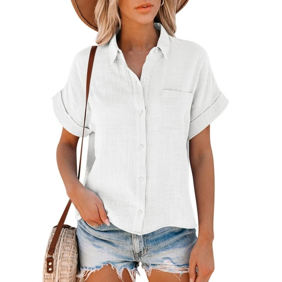 Mashaouyo Womens Short Sleeve Casual Button Down Shirts Summer Soft Fashion Cotton Blouses Tops with Pocket