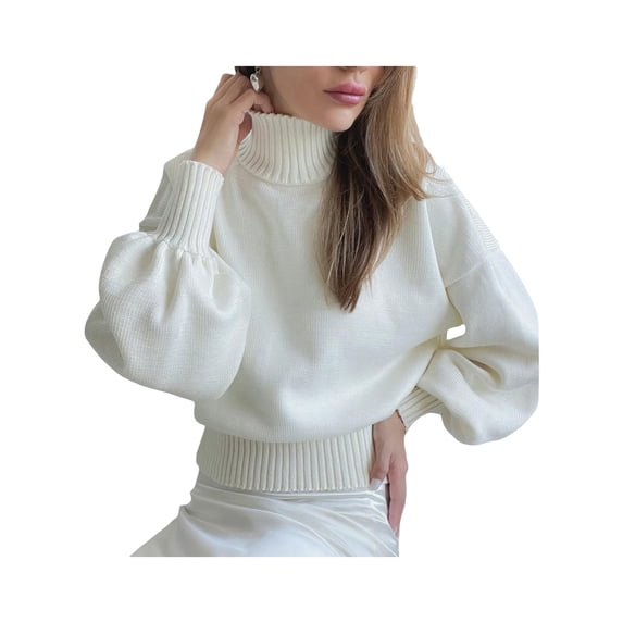 Seyurigaoka Women's Solid Color Tunic Sweaters Shirts Lantern Long Sleeve Turtleneck Knit Pullover Tops