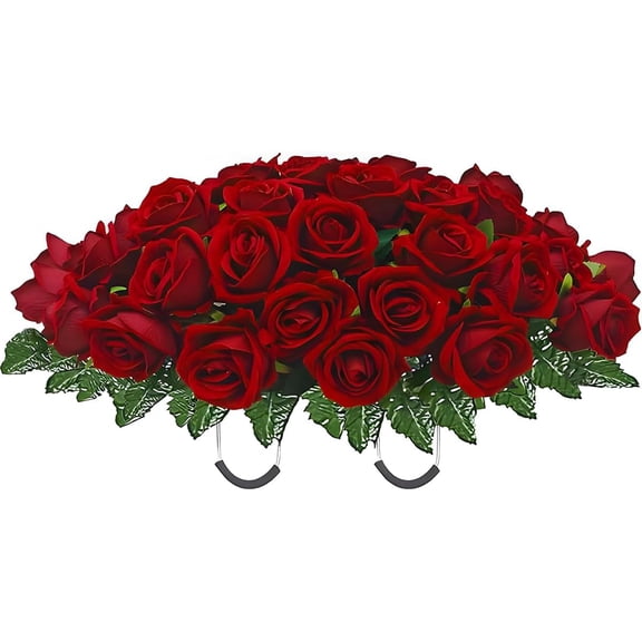 Artificial Roses Cemetery Flowers Outdoor Grave Decorations Saddle Arrangement for Headstone,Tombstone Memorial Decorations,Easy Fit(Red)