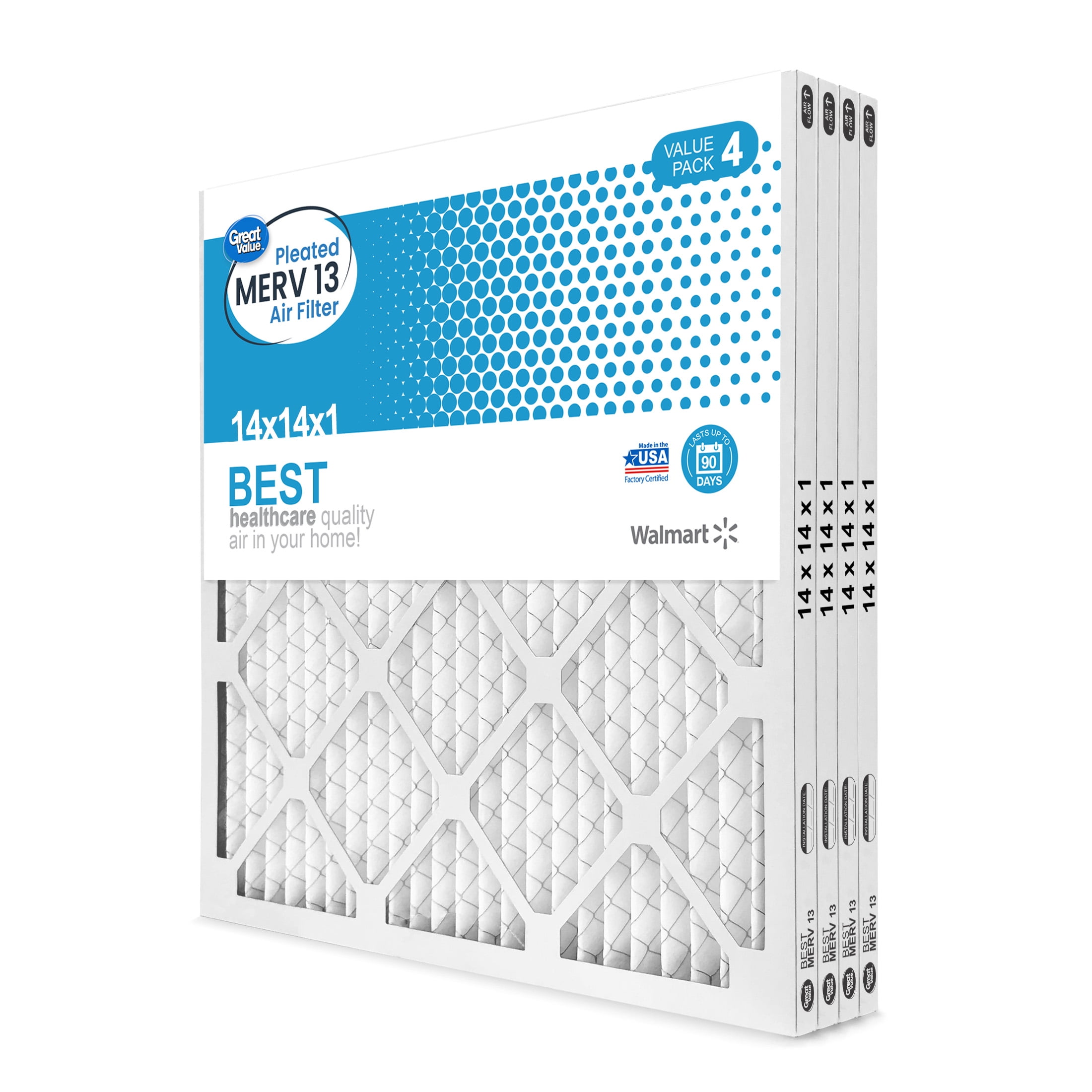 Great Value; 14x14x1; MERV 13 BEST HVAC Air and Furnace Filter; Captures Dust; 4 Filters