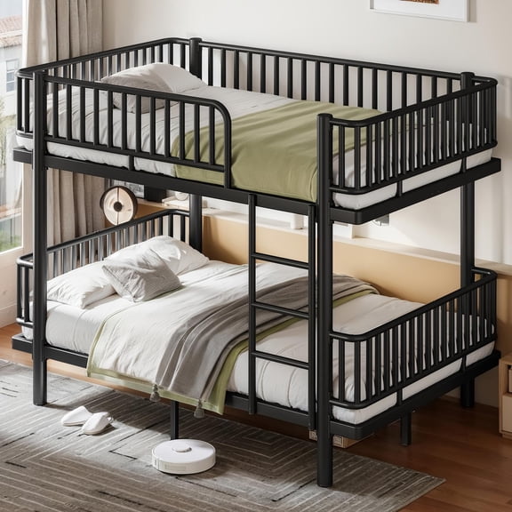 Full over Full Bunk Bed with Ladders and Guardrails, Metal Bunk Bed Frame Convertible into 2 Separate Platform Beds for Bedroom All Ages, No Box Spring Needed, Black
