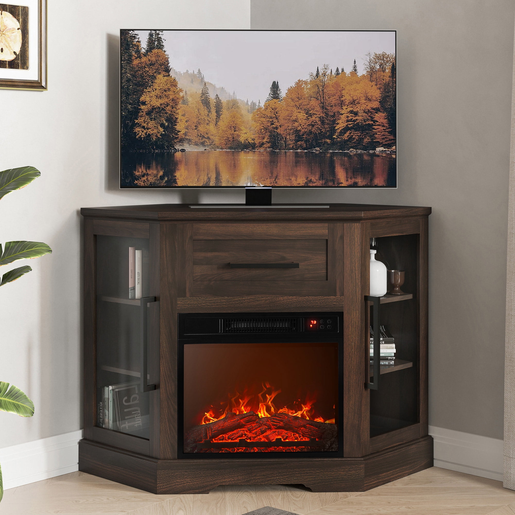 BELLEZE 43" TV Stand with 18" Electric Fireplace, Fireplace TV Stand