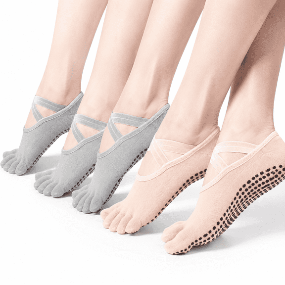 Yoga Toe Socks with Grip Full Toe Non Slip Sticky Fabric Light Gray Nude One Size Women 7 pack