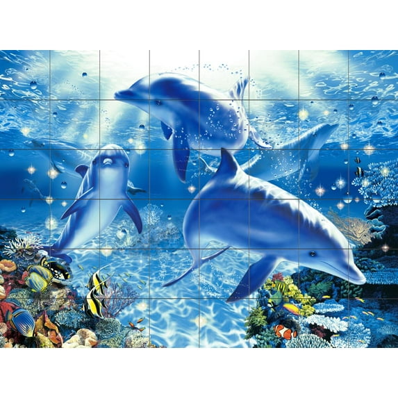 Tile Mural Bathroom Backsplash - The Dolphin Joy - by Christian Riese Lassen