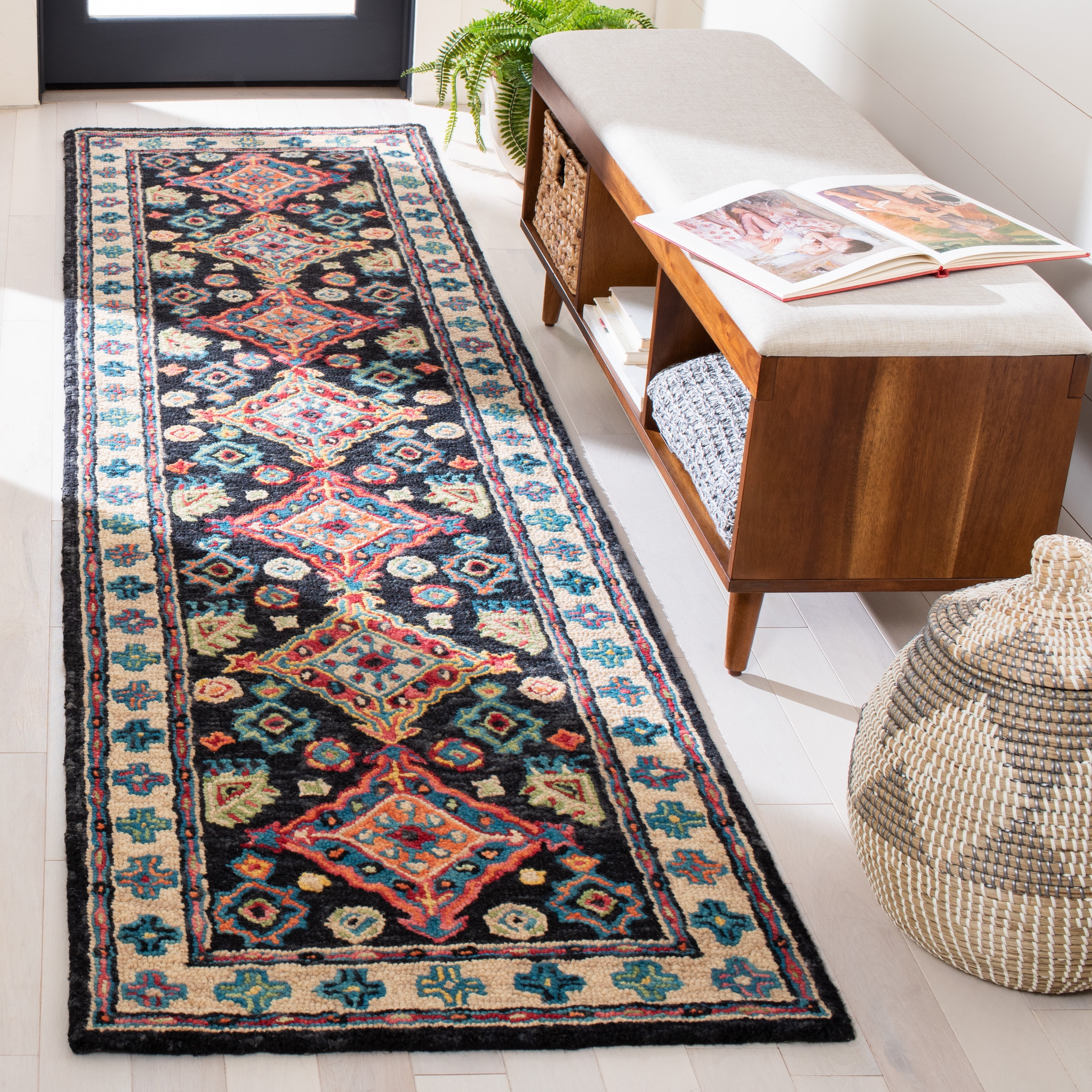 SAFAVIEH Aspen Ermintrude Geometric Wool Runner Rug, Charcoal/Blue, 2'3" x 11'