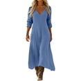thumbnail image 2 of Ayolanni Fall Dresses V Neck Beach Long Sleeve A-Line Maxi Dresses Casual Flowy Pleated Solid Long Dress Blue XL, 2 of 7