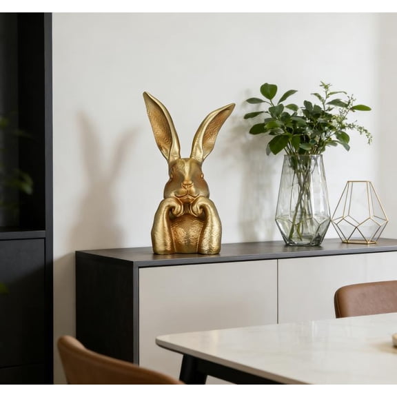 Inglocoh 2026 New Gold Resin Easter Bunny Table Decor Thinking Rabbit Figurine Spring Home Centerpiece Statue for Shelf Mantel Living Room Entryway gold bunny figurine