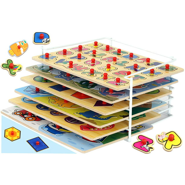 Bundaloo Toddler Puzzles Set of 6 with Storage Rack - Wooden Peg Puzzle