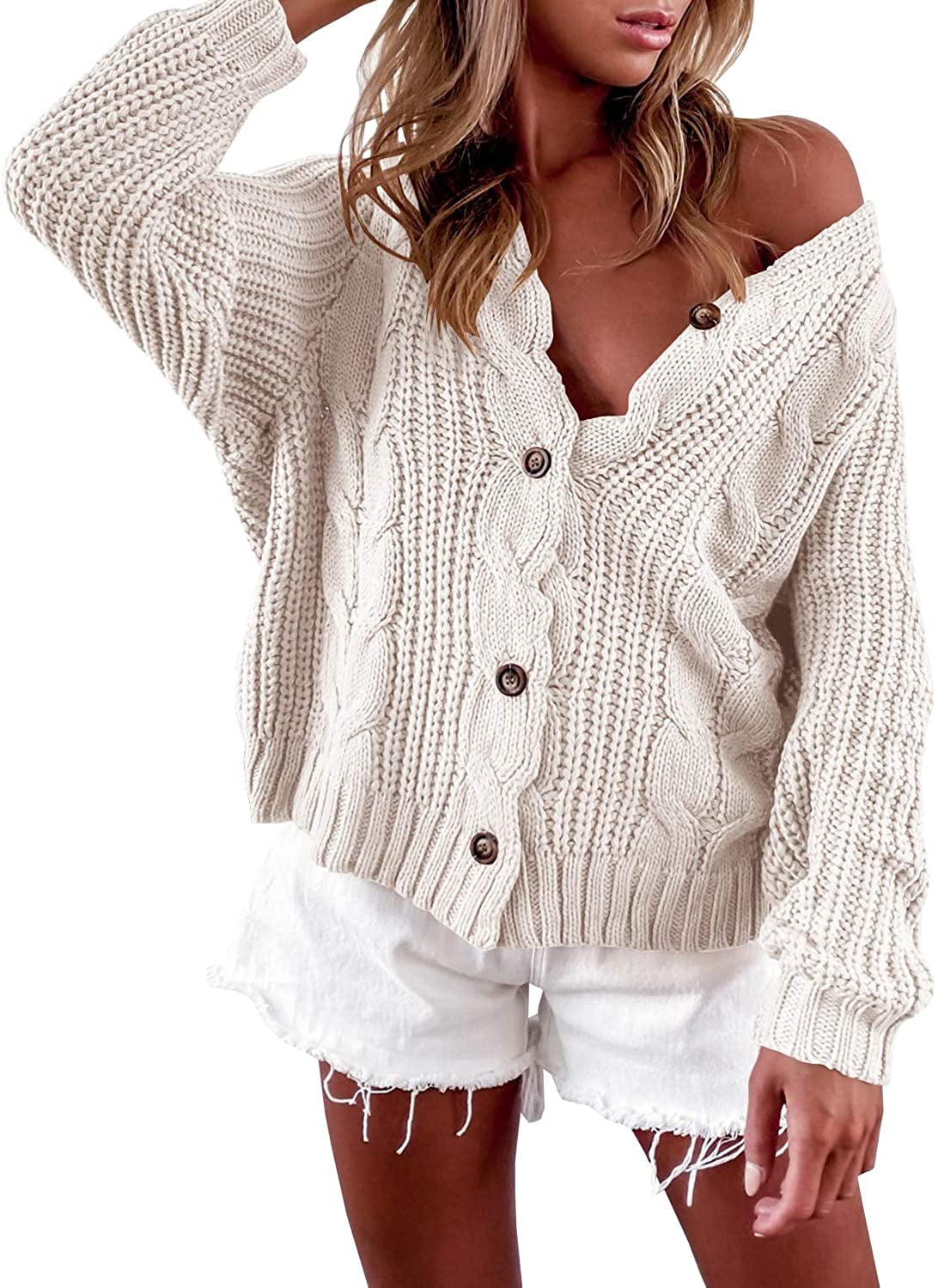 white cable knit button down sweater