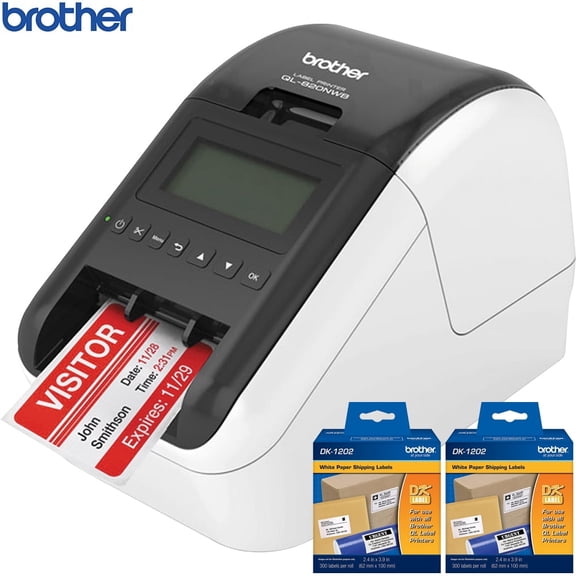 Brother QL820NWB Professional Ultra Flexible Label Printer with Multiple Connectivity Options Bundle with Brother 2.4 in x 3.9 in (62 mm x 100 mm) Shipping White Paper Labels (600 Labels)