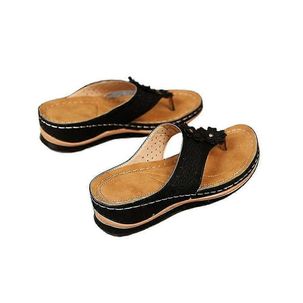 Women Pu Flower Clip Toe Flip Flops Sandals Wedge Slippers Slides Shoes