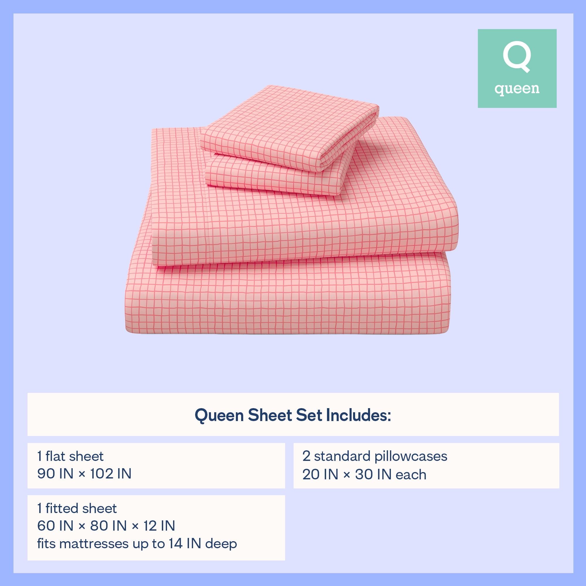 Mainstays Kids Microfiber Bed Sheet Set, Queen, Pink Grid, 4 Pieces