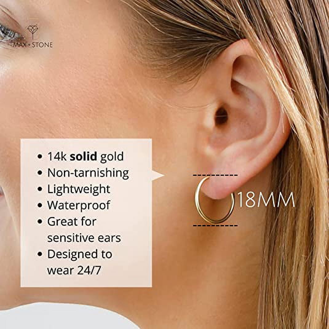 Solid 14k Gold Hoop Earrings for Women | 1.5mm Tube Yellow Gold Hoop Earrings 14k Real Gold | Flex Continuous Hoop Gold Earrings | 18mm (0.7 Inch) Diameter Small Gold Hoop Earrings by MAX + STONE