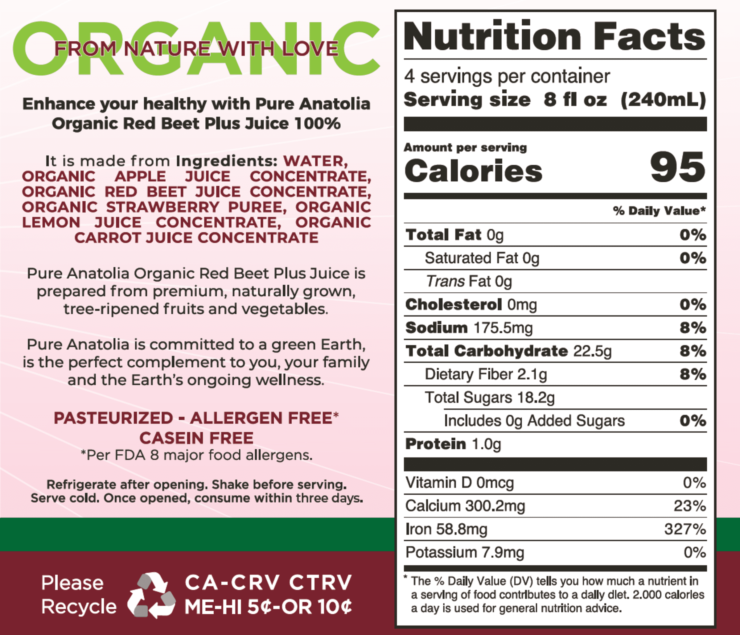 Pure Anatolia Organic Red Beet Juice, 32 fl oz; glass bottle