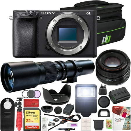Sony a6400 4K Mirrorless Camera ILCE-6400/B Body with 2 Lens Vivitar 50mm F2.0 Full Frame Prime Lens + Deco Photo 500mm F/8 Preset Telephoto Lens and Deco Gear Case Flash & Filter Kit Pro