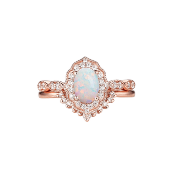 Vintage White Fire Opal Engagement Ring set in 14k Rose Gold Vermeil - Halo Opal Anniversary Promise Ring Gift for women