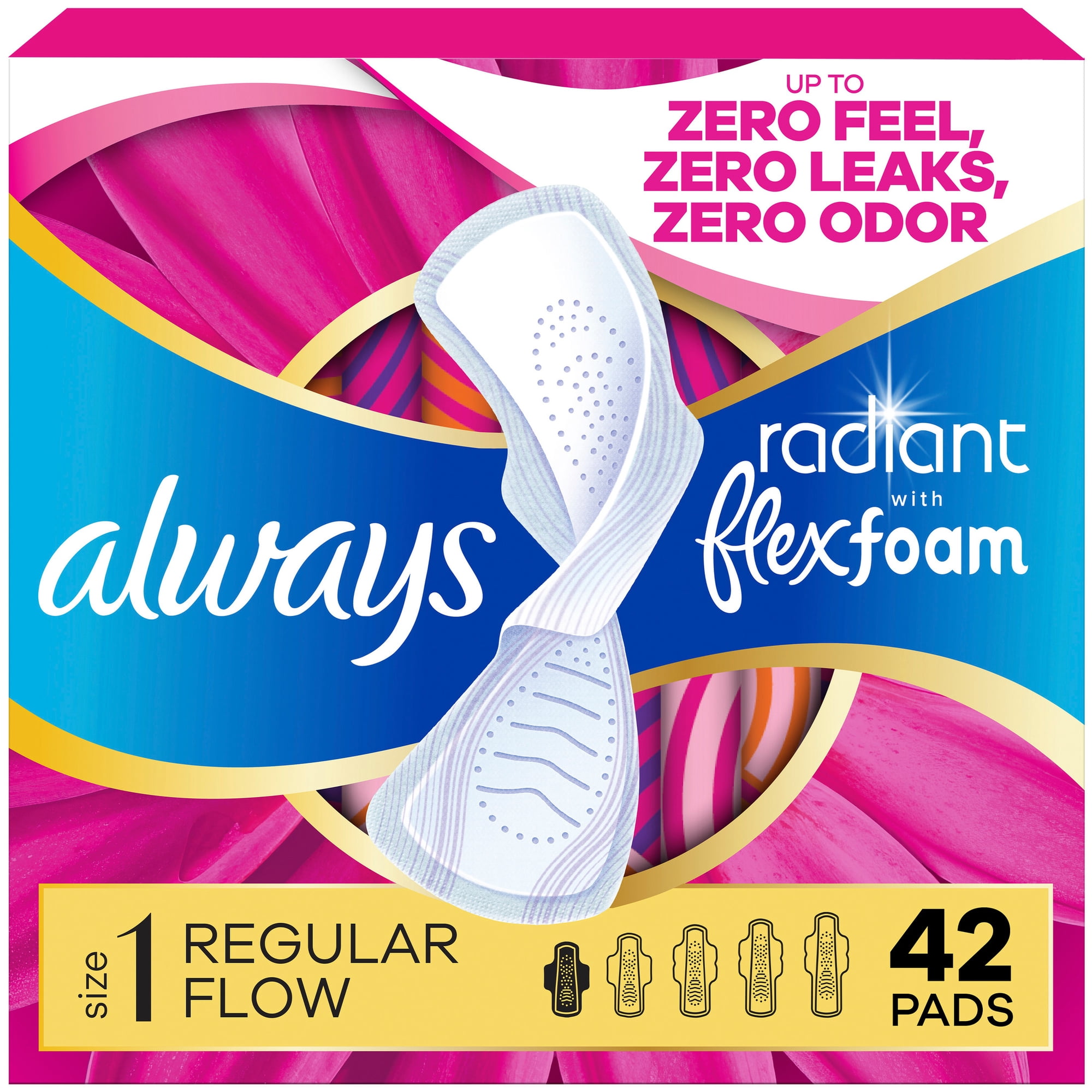 Always Radiant with FlexFoam Pads, Size 1, Regular, Wings, 42 Count