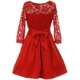 thumbnail image 2 of Big Girls' Floral Lace Long Sleeve Illusion Neckline Special Occasion Flower Girl Dress Red 12 (J21KS04), 2 of 3