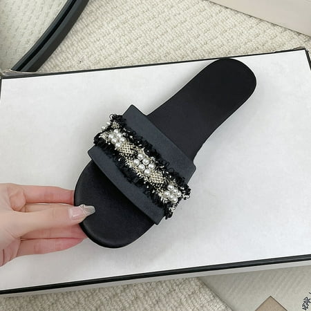 

Cathalem Fashion Women Beach Slip On Pearl Casual Open Toe Non Slip Flat Breathable Slippers Shoes Women s Open Toe Slippers Black 6.5