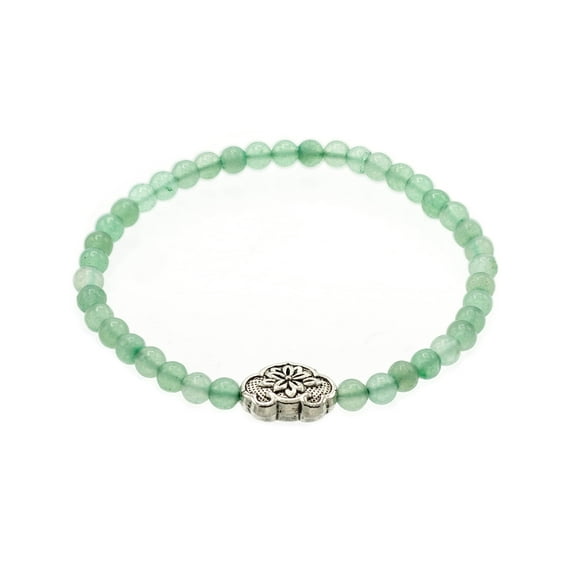 LTC Designs 4mm Green Aventurine Stretch Bracelet with a Silver Floral Lucky Centerpiece, 6.5", for Adults
