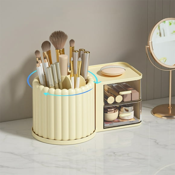 SuoKom Rotating Makeup Organizer Countertop-Large Cosmetic Organizer Countertop-Bathroom Cosmetic Storage with Brush Holder- Vanity Make Up Organizer Caddy