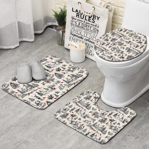 Beige Christmas Winter Scene Pattern Bathroom Rugs Sets 3 Piece,Toilet Cover Set,Absorbent Non Slip Bathroom Mats Sets with U-Shaped Contour Rug Toilet Rug Set