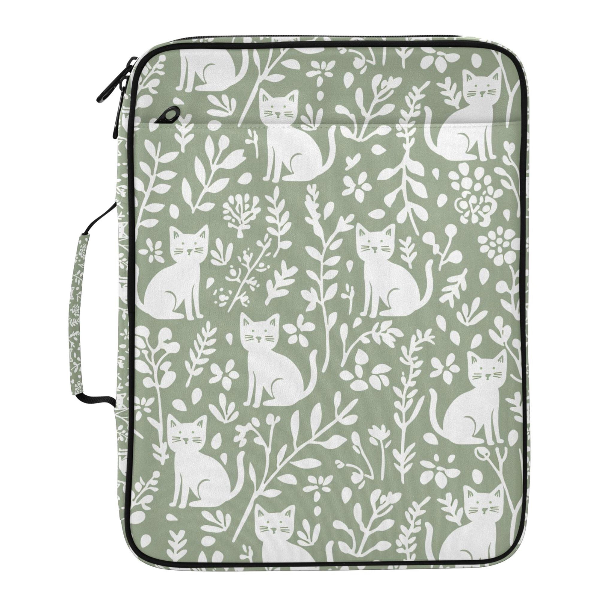 FORMRS Accordion File Folder A4 Size 7-Pocket Expanding Document Organizer Bag with 3 Ring Binder, Green Floral Cat Pattern