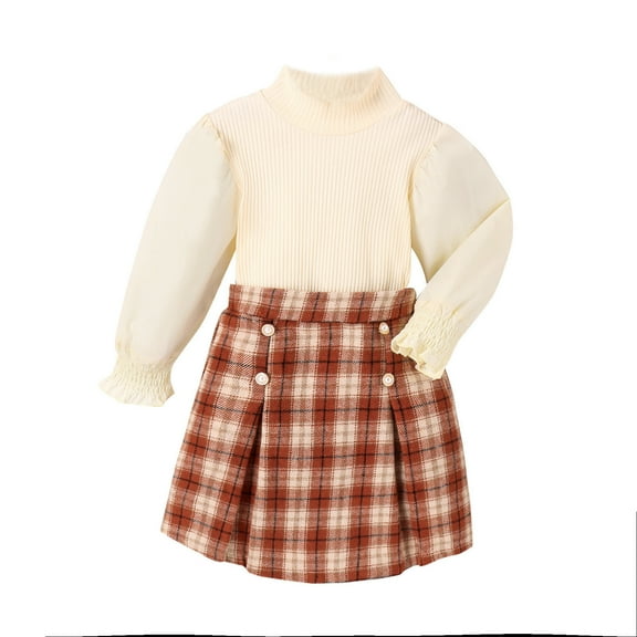 Fesfesfes Kids 90s Outfits For Girls 4 To 8 Years Suit Spring And Fall High Crew Neck Knit Bubble Long Sleeve Top Plaid Button Short Skirt 6-7 Years