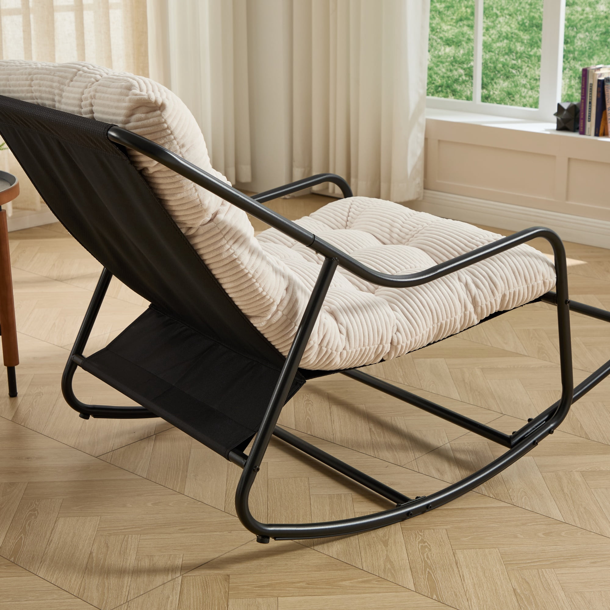 Outdoor Rocking Chair with Cushion, Patio Comfy Rocker with Thick Padding, Modern Sling Chair for Porch, Garden, Reading Nook, Black/White