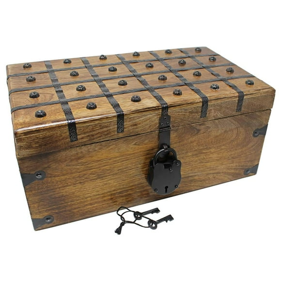 Nautical Cove Treasure Chest Wooden Box with Antique Iron Lock and Skeleton Key - Storage and Decor (X-Large 17 x 10 x 7.5)