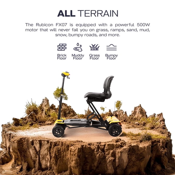 Rubicon FX7 4-Wheel Automatic Folding Mobility Scooter, Lightweight Travel Scooter with Lithium Battery, 300 lbs Capacity, Yellow