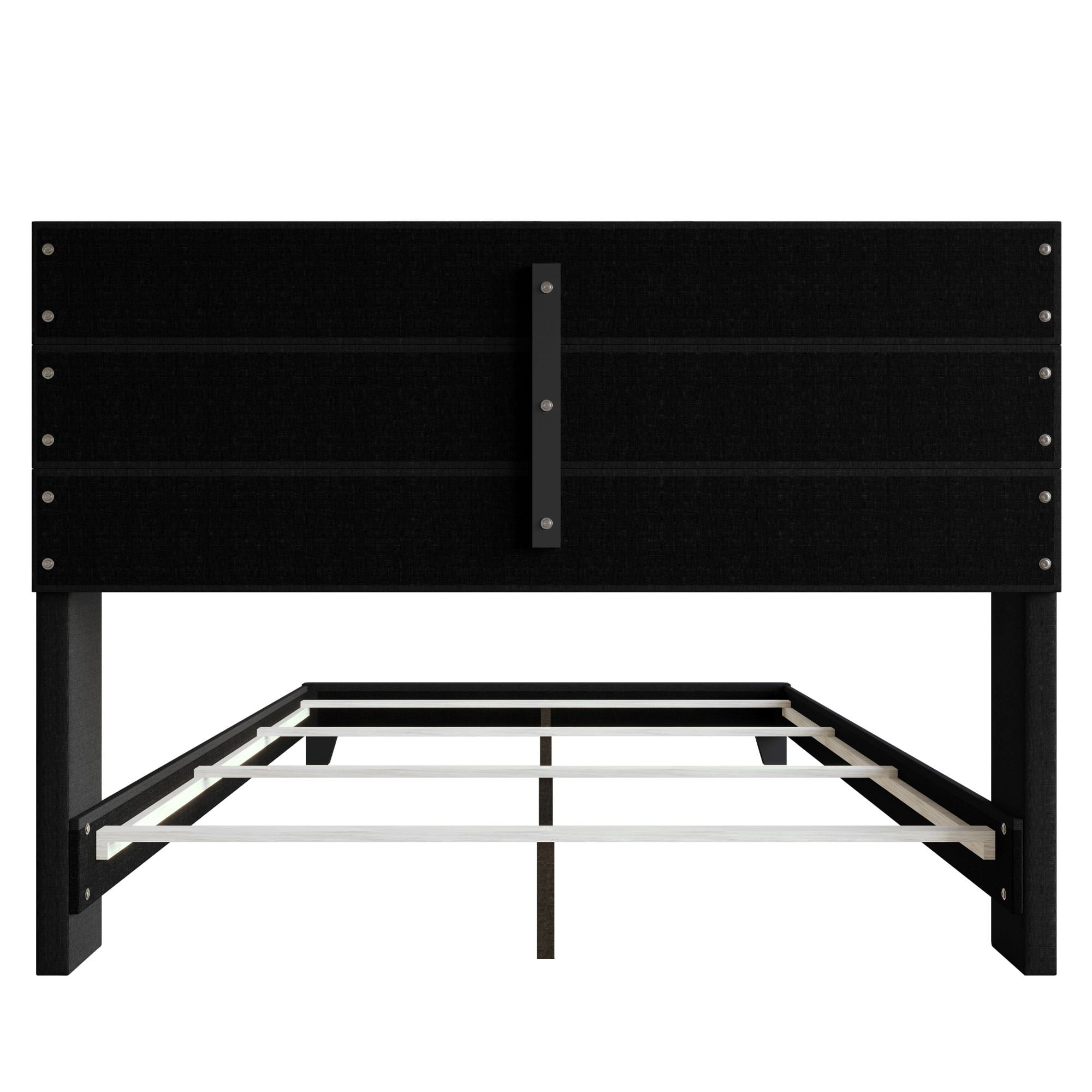 Home Design Niles King Upholstered Panel Bed Frame with Wingback Headboard and Foam-Padded Support, Black, Easy Assembly