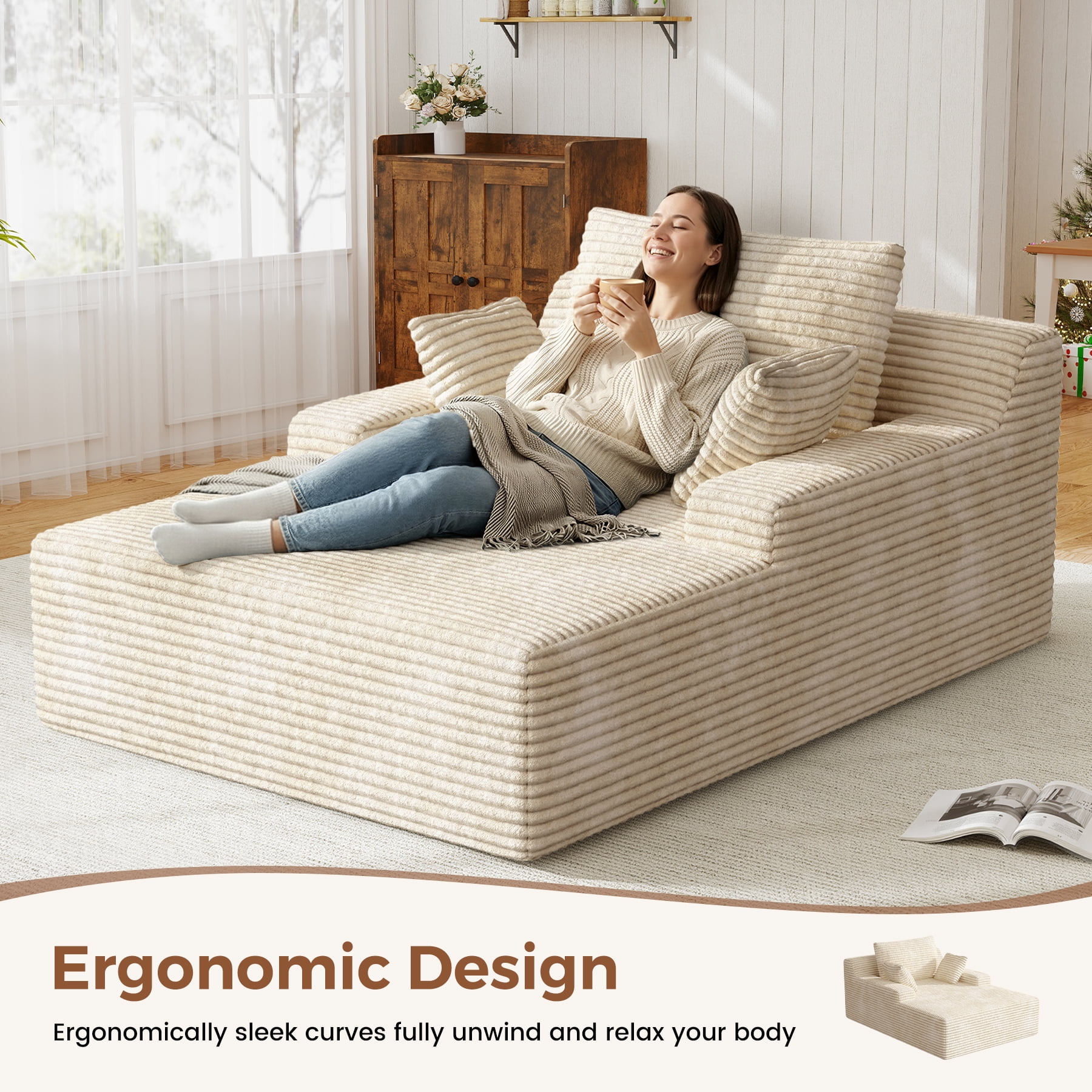 Daluvenix 51 Inch Chaise Lounge Chair Indoor Oversized Corduroy Upholstered Boneless Sofa Bed Deep Seat Sleeper Couch Reading Chairs Cloud Sofas Couches for Living Room