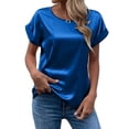 thumbnail image 3 of Chemises d'Été Décontractées Habillées à Manches Courtes pour Femmes Col Rond Satin Blouse de Travail de Bureau Bleu TG, 3 of 6