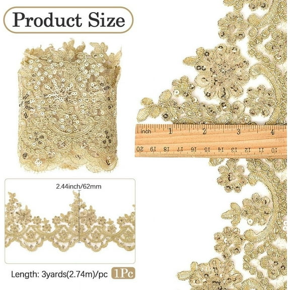 Polyester 3 Yards 5 Inch Width Gold Metallic Venice Lace Trim Sequin Flower Embroidery Lace Ribbon Applique Sewing Floral Lace Crown Edge Trimming for DIY Crafts Clothes Wedding Home Decor