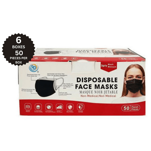 SD Disposable Face Mask 3ply 50/pk - Black - 300 Masks