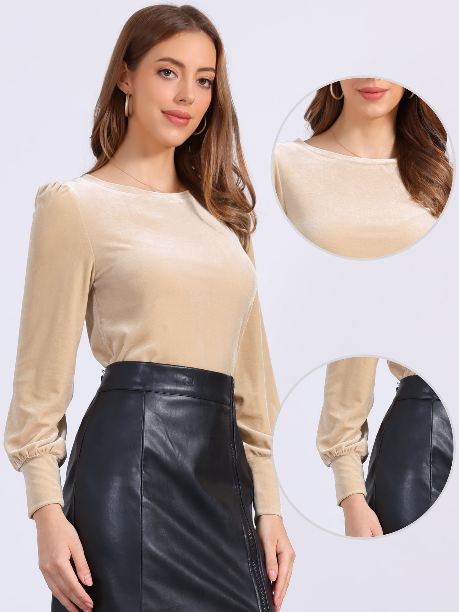 DARING DIVA Women's Velvet Crew Neck Puff Long Sleeve Blouses XS Beige
