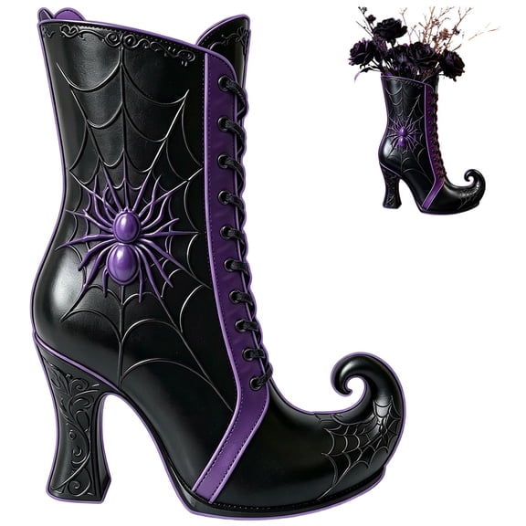 Luckky 10 Inch Resin Witch Boot Vase,Gothic Spooky Witch Shoe Floral Holder with Spiderweb Details,Table Centerpiece Decor for Mantel,Shelf,Coffee Bar & Indoor Halloween Home Decoration
